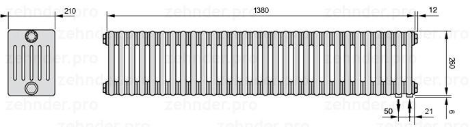 Схема (чертеж) Радиатор Zehnder Charleston 6026/30 №5510 Белый глянцевый RAL 9016